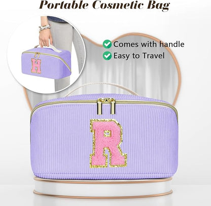 Personalized Initial Makeup Bag,Christmas Gifts for Girl,Preppy Bag Cosmetic Travel Bag Women,Travel Toiletry Organizer,Large Capacity Corduroy Stuff Bag,Cute Cosmetic Pouch Skincare Bag-X