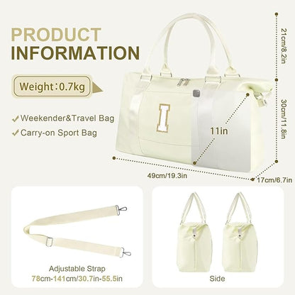 Dance Gym Duffel Bag for Teen Girls, Personalized Initial Travel Weekender Bag,Cute Overnight Carry On Duffle for Women,Sports Travel Cheer Bag,Monogram Christmas Gifts for Tween Preppy(beige-I)