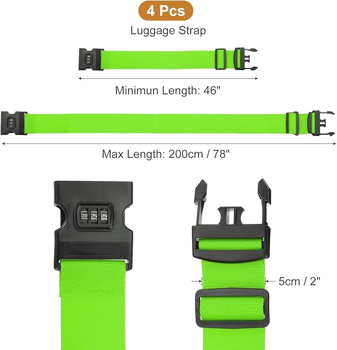 MECCANIXITY Luggage Straps with Combination Lock Adjustable Suitcase Belt Strap for Suitcase Briefcase Backpack Travel, Fluorescent Green, Pack of 4