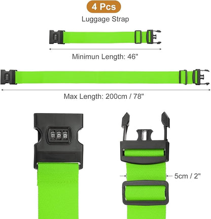 MECCANIXITY Luggage Straps with Combination Lock Adjustable Suitcase Belt Strap for Suitcase Briefcase Backpack Travel, Fluorescent Green, Pack of 4