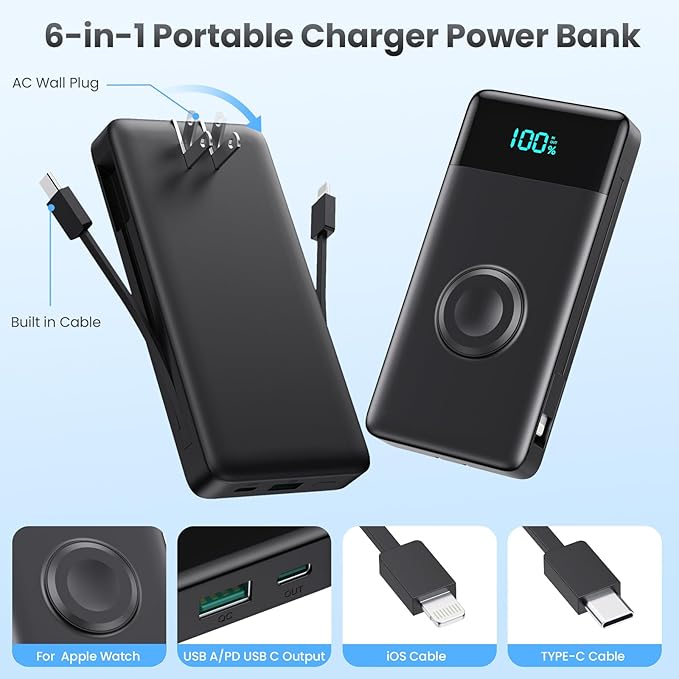 FOCHEW Portable Charger for iPhone with Built in Cables & Wall Plug,6-in-1 10800mah Power Bank with iWatch Charger, QC4.0+25W PD Fast Charging LCD Display Battery Pack for iPhone 16/15/14,Android