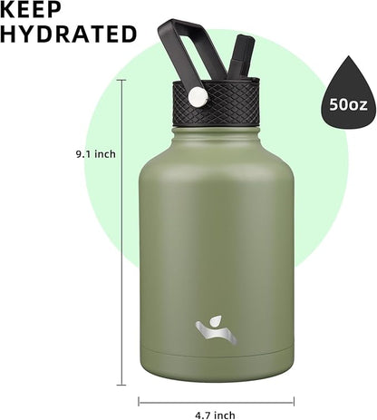 Insulated Water Bottle with Straw,50 oz 3 Lids Water Jug with Carrying Bag,Paracord Handle,Double Wall Vacuum Stainless Steel Metal Flask,Camp Green