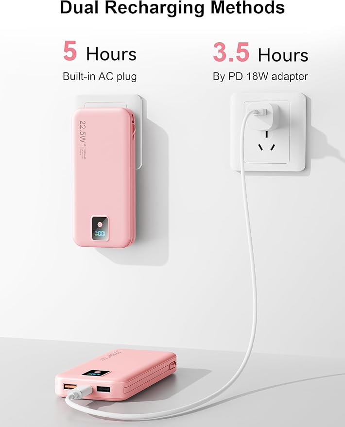 Portable Charger, 12000mAh 22.5W Fast Charging Power Bank with Built-in Cables & Wall Plug, Travel Essentials Battery Pack with LED Display, USB C External Battery Bank for iPhone iPad, Samsung Pink