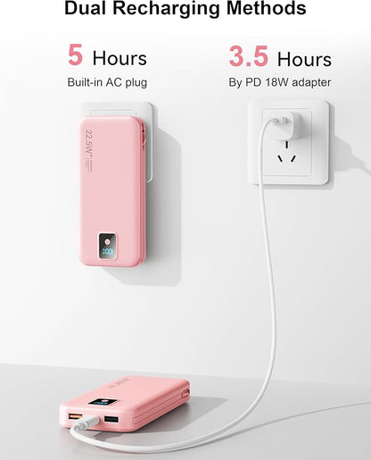 Portable Charger, 12000mAh 22.5W Fast Charging Power Bank with Built-in Cables & Wall Plug, Travel Essentials Battery Pack with LED Display, USB C External Battery Bank for iPhone iPad, Samsung Pink