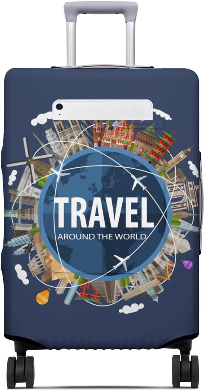 Travel around the world Travel Luggage Cover, Travel-Themed Suitcase Protector Stretchable, Washable Travel Suitcase Cover (L for 25-28 Inch Luggage)