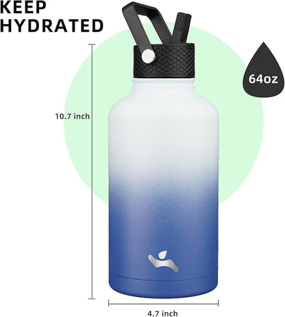 Half Gallon Insulated Water Bottle with Straw,64 oz 3 Lids Water Jug with Carrying Bag,Paracord Handle, Double Wall Vacuum Stainless Steel Metal Flask,Sky (Pack of 2)