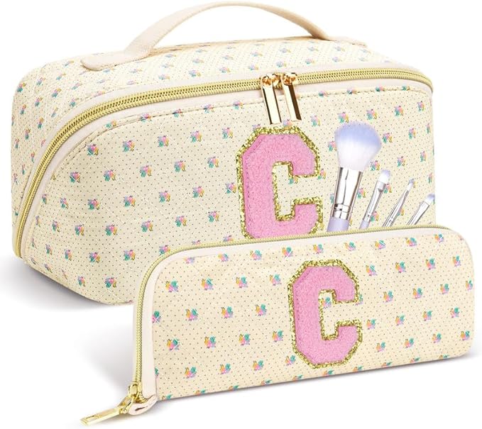 Personalized Travel Makeup Bag Set,Initial Travel Cute Floral Makeup Organizer Bag,Toiletry Skincare Cosmetic Bag,Christmas Gifts for Women/Girls,Open Flat Toiletry Pouch with Brush Pocket-C