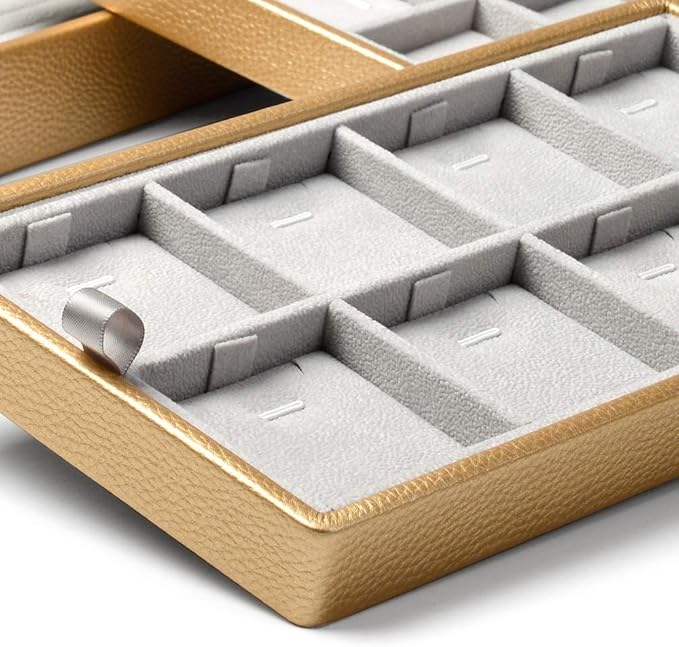 Oirlv Gold Leather Jewelry Box Handmade Travel Jewelry Organizer Storage Case Holder For Girl Lady Earring,Ring,Necklace,Pendant,Watch,Bracelet.(3 layers)