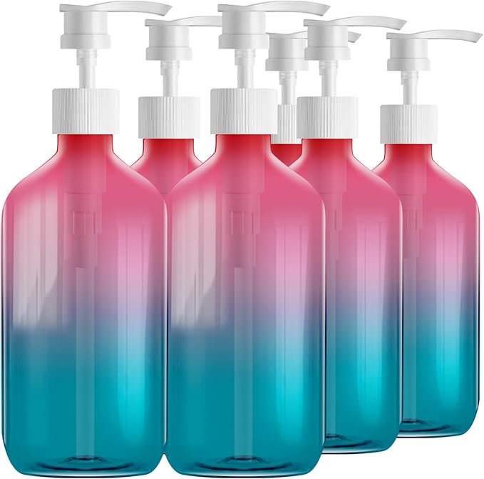 Empty Plastic Gradient Color Bottles with Pump Dispenser and Labels Included, Refillable Travel Containers for Hand sanitizer Shampoo Lotion, etc - No BPA/Parabenf, 500ml/16.9oz (Gradient, 6 Pack)