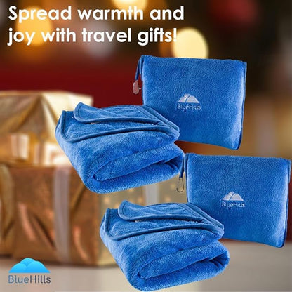 BlueHills 2-Pack Premium Soft Travel Blanket Pillow Airplane Blanket in Soft Bag Pillowcase with Hand Luggage Belt and Backpack Clip, Compact Pack Large Blankets for Any Travel Royal Blue T015