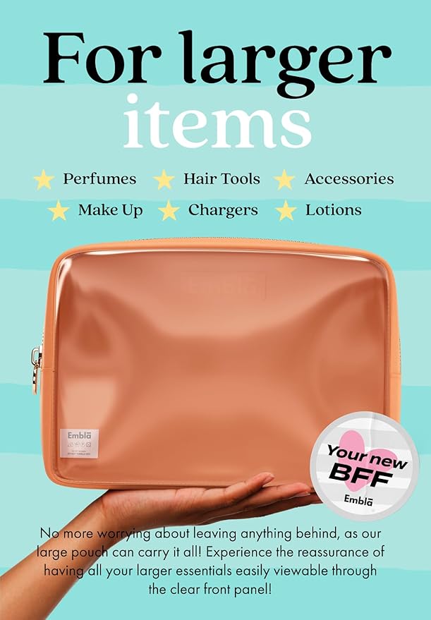 Embla London Makeup Bag Cosmetic Case, Clear Zipper Make Up Pouch and Toiletry Travel Tote, Cute Skincare Pouches for Women Girls, Preppy Purse Cosmetic Organizer, Large Makeup Bags, Peach