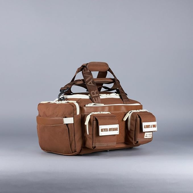 WOLFpak 20L Mini Duffle Bag for Gym & Travel | Waterproof Carry-On Weekender Bag with Shoe Compartment, Hard Bottom, and Tactical Molle System (Mocha Brown)