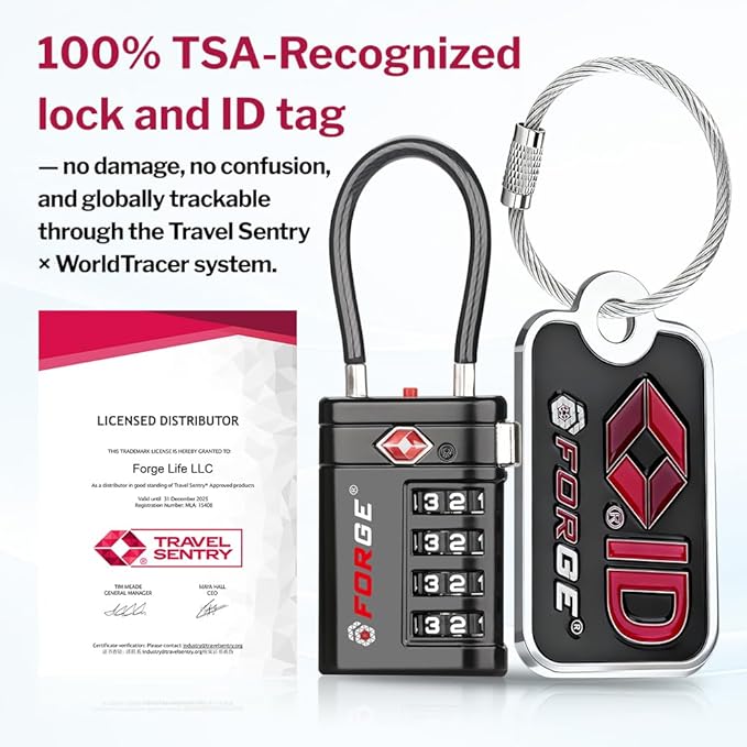 Forge TSA Approved Luggage Locks 4 Digit Combination TSA Travel Locks with TSA008, Open Alert Indicator, Zinc Alloy Body for Luggage, Suitcase, Backpack, and More. 2 Black Locks and 2 TSID.