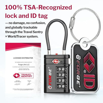 Forge TSA Approved Luggage Locks 4 Digit Combination TSA Travel Locks with TSA008, Open Alert Indicator, Zinc Alloy Body for Luggage, Suitcase, Backpack, and More. 2 Black Locks and 2 TSID.