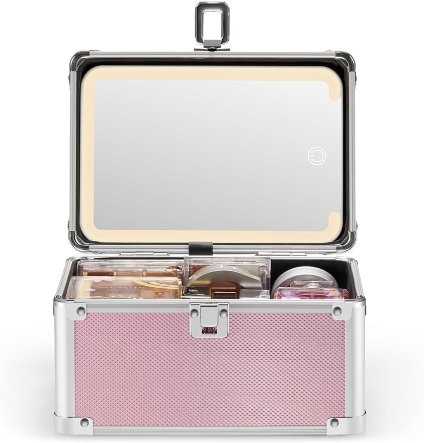 Qislee Makeup Box Mini with A Detachable Lighted Mirror, Waterproof Small Makeup Case,Cosmetic Organizer and Travel Train Case with Magnetic LED Mirror(Silver Frame Iridescent Pink)
