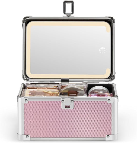 Qislee Makeup Box Mini with A Detachable Lighted Mirror, Waterproof Small Makeup Case,Cosmetic Organizer and Travel Train Case with Magnetic LED Mirror(Silver Frame Iridescent Pink)