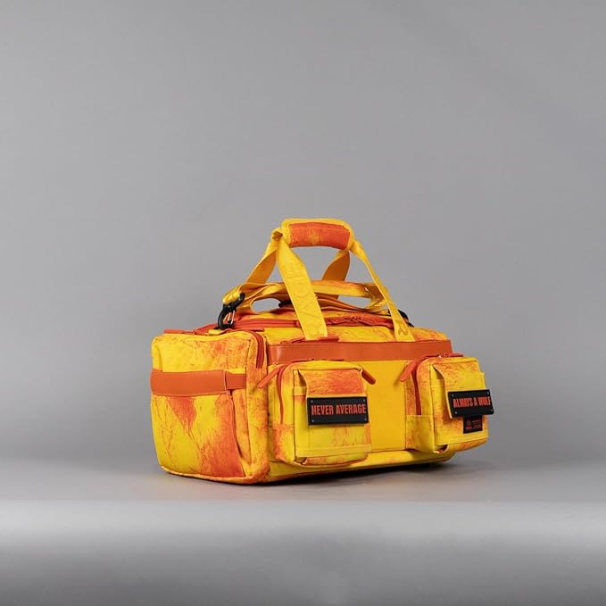 WOLFpak 20L Mini Duffle Bag for Gym & Travel | Waterproof Carry-On Weekender Bag with Shoe Compartment, Hard Bottom, and Tactical Molle System (Fire)