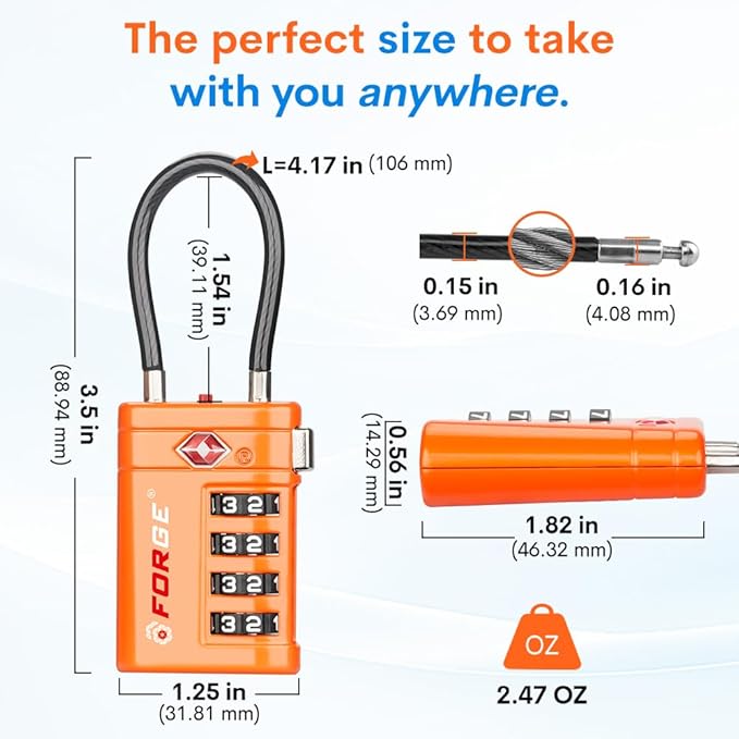 Forge TSA Approved Luggage Locks 4 Digit Combination TSA Travel Locks with TSA008, Open Alert Indicator, Zinc Alloy Body for Luggage, Suitcase, Backpack, and More. 3 Color 6 Locks.