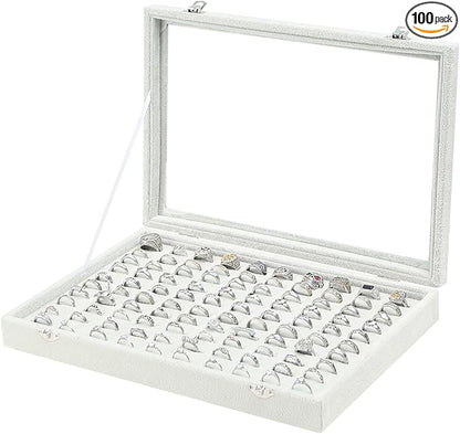 Coward Ring Organizer Jewelry Tray Box, Grey Beige Velvet 100 Slots Ring Display Tray Case with Transparent Glass Lid for Home Use or Store Selling Show