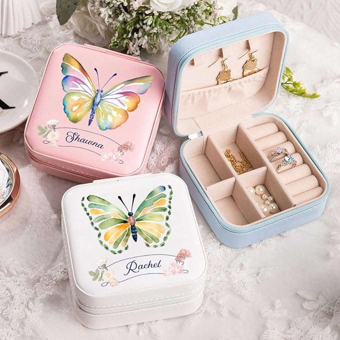 Getname Necklace Custom Name Butterfly Travel Jewelry Case Personalized Travel Jewelry Box with Name Watercolor Butterfly Small Jewelry Box Portable Jewelry Organizer