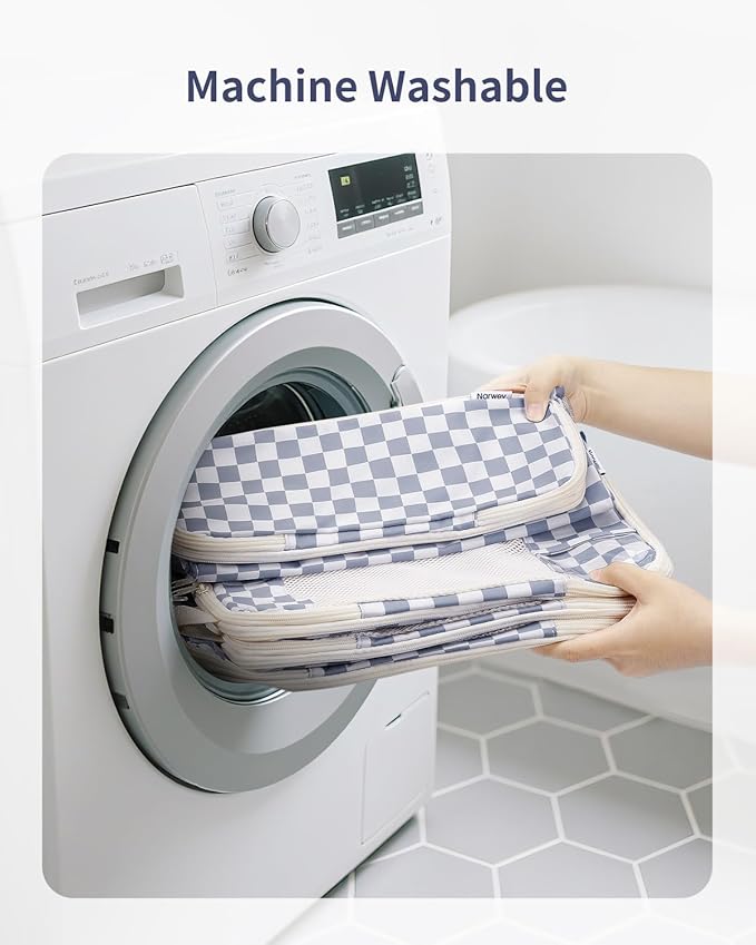 Narwey 5 Set Compression Packing Cubes for Travel, Luggage Packing Organizer Bags for Carry on Suitcase, Expandable Checkered Storage Bags with Laundry & Handle (Grayish Blue Checkerboard)