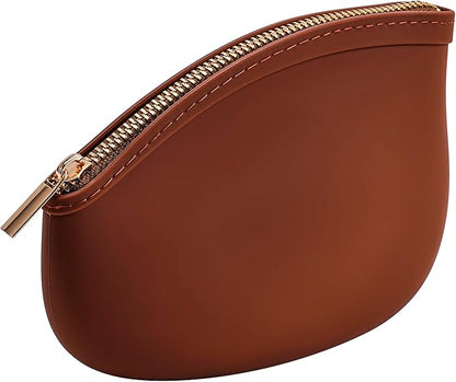 Small Silicone Makeup Bag Premium Purse Bag Multifunctional Essential Bag Zipper Pouch Water and Heat Resistant (Brown)