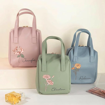 callie Personalized Makeup Bag - Custom Birth Flower & Name, Leather Cosmetics Organizer Travel Bag with Double Zippers & Handle, Birthday Mother's Day Gift for Women