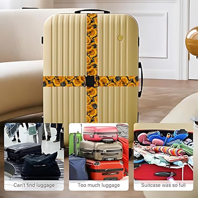 2PC,Sunflower Luggage Strap 1.97 x 70.84 inch Yellow Floral Design Adjustable Suitcase Belt Durable Nylon Baggage Identifier Travel Accessory for Bright Summer Trips
