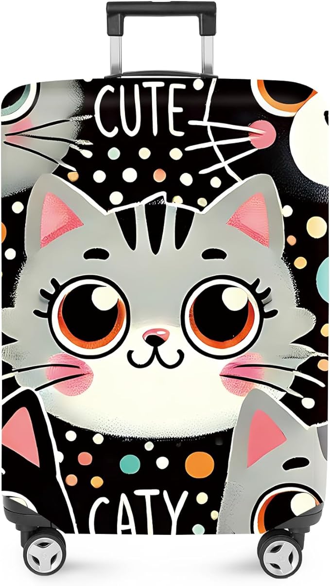 ANNA QUEEN Cute Cat Luggage Cover, Kawaii Cartoon Kitty Suitcase Protector with Colorful Polka Dot Design, Stretchable, Washable Travel Cover for 24-26 Inch Luggage
