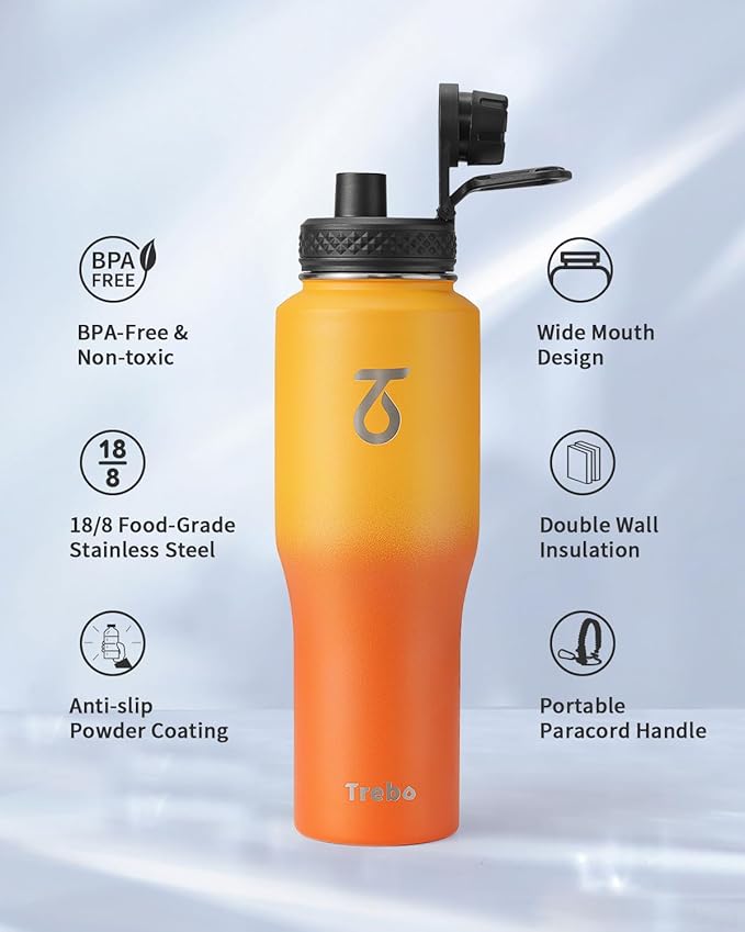 Trebo 32oz Insulated Water Bottle that Fits in Cup Holder, Stainless Steel Bottles Tumbler Double Wall Metal with Straw Spout Lids,Travel Flask with Paracord Handle, Sweat Proof Keep Cold &Hot,Orange