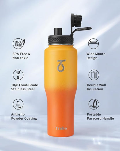 Trebo 32oz Insulated Water Bottle that Fits in Cup Holder, Stainless Steel Bottles Tumbler Double Wall Metal with Straw Spout Lids,Travel Flask with Paracord Handle, Sweat Proof Keep Cold &Hot,Orange