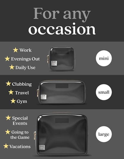 Clear Cosmetic Bags Set of 3, Mini Small Large Makeup Bags For Women Clear Pouch Cosmetics Cases Zipper Cute Pouches Make Up Travel Toiletry Essentials Preppy Purse Organizer Makeup Cases, Black