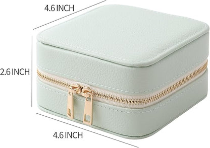 Genuine Leather Travel Jewelry Organizer Case with Mirror for Women, Small Mini Portable Jewelry Box for Ring Earrings Necklace Bracelet Luxury Gift for Women（Mint Green）