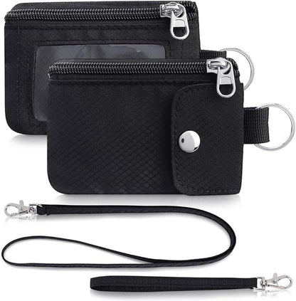 Minimalist Wallet For Mens Womens, Keychain RFID Blocking Zipper Small Wallet with ID Window 2 Lanyards,Water Resistant Travel Cash Card Coin Case Boys Girls