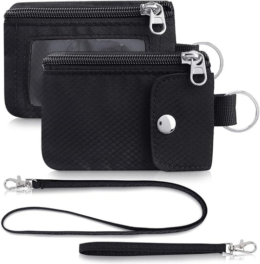 Minimalist Wallet For Mens Womens, Keychain RFID Blocking Zipper Small Wallet with ID Window 2 Lanyards,Water Resistant Travel Cash Card Coin Case Boys Girls