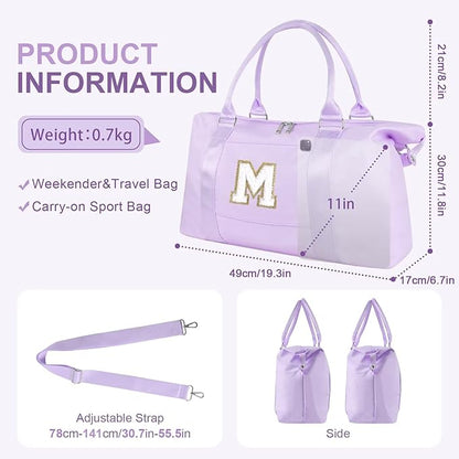 Dance Gym Duffel Bag for Teen Girls, Personalized Initial Travel Weekender Bag,Cute Overnight Carry On Duffle for Women,Sports Travel Cheer Bag,Monogram Christmas Gifts for Tween Preppy(purple-M)