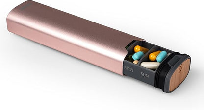 7 Day Weekly Pill Organizer by mbarc - Premium Stylish Aluminum and Wood Large Capacity Pill Box for Supplements, Pills, Vitamins and Medicine.