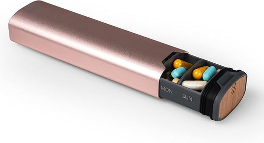 7 Day Weekly Pill Organizer by mbarc - Premium Stylish Aluminum and Wood Large Capacity Pill Box for Supplements, Pills, Vitamins and Medicine.