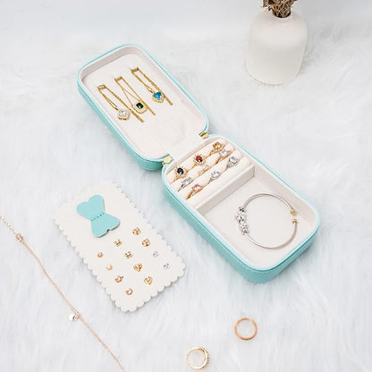 Small Travel Jewelry Organizers Box for women with PU Leather Portable Mini Jewelry Case with compartments for Necklace Rings Earrings,Luxury Giftable boxes. (Lake Blue, M)