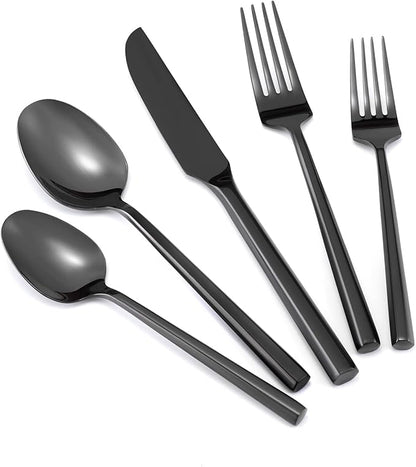 Hand Forged Stainless Steel Flatware Set Silverware Set Cutlery Set Hexagon Handle Black Mirror Finished 20 Pieces Service for 4