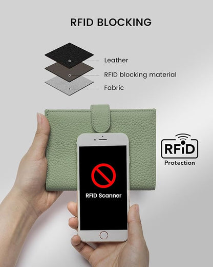 RFID Slim Passport Holder for Women, Compact Leather Passport Wallet with Card Holders SIM Slots,Zippered Coins Pocket and Cash Compartment Travel Passport Cover Case, Light Green