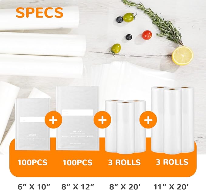 Multi-Size Sealing Solution Vacuum Sealer Bags & Rolls – 100x 6''x10'', 100x 8''x12'', 3 Rolls 11''x20', 3 Rolls 8''x20' – Premium Commercial-Grade for Food Storage, Meal Prep, & Sous Vide, Wevac