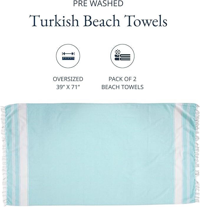 LANE LINEN Beach Towel 2 Pack, Oversized Beach Towel 39"x71", Lightweight Beach Essentials for Women, Large Pool Towel, Absorbent & Quick Dry, Sand Free Beach Towel - Aqua