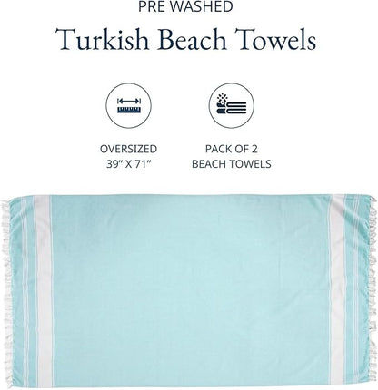 LANE LINEN Beach Towel 2 Pack, Oversized Beach Towel 39"x71", Lightweight Beach Essentials for Women, Large Pool Towel, Absorbent & Quick Dry, Sand Free Beach Towel - Aqua
