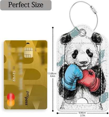 Funny PU Leather Luggage Tags 2-Pack Cool Boxing Panda Cute Pattern Suitable for Suitcase Stainless Steel Loop and Address Card Essential for Cruise and Airport Travel for Men and Women