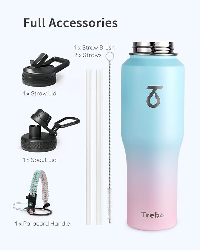 Trebo 32oz Insulated Water Bottle that Fits in Cup Holder, Stainless Steel Triple Wall Tumbler Flask Bottles with Paracord Handle, with Straw Spout Lids, Keep Cold for 48 Hrs/Hot 24 Hrs,Bubble Gum