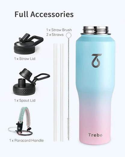 Trebo 32oz Insulated Water Bottle that Fits in Cup Holder, Stainless Steel Triple Wall Tumbler Flask Bottles with Paracord Handle, with Straw Spout Lids, Keep Cold for 48 Hrs/Hot 24 Hrs,Bubble Gum