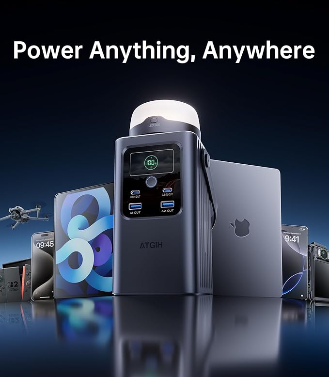 Camping Portable Power Station 198.4Wh (62000mAh), [Top Safety] 100W Fast Charging Power Bank with LiFePO4 Battery, Small Generator with Detachable Light for Travel Home Backup Outdoor Emergency