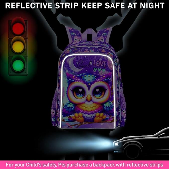 WZLVO 3PCS Backpack for Girls, 16" Kids Owl Preschool Bookbag with Lunch Box，Cute Animal Water Resistant School Backpacks Set for Elementary Kindergarten