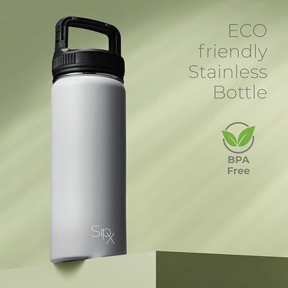 SipX™ Triple-Insulated Stainless Steel Water Bottle 18oz. With 3 Lids, BPA-Free Reusable Insulated Water Bottle Keeps Cold 24 Hours, (Grey)